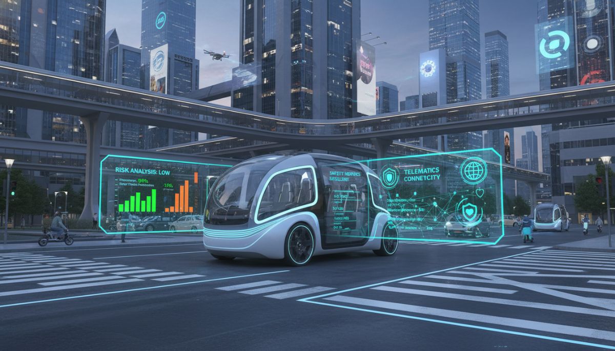 A futuristic autonomous vehicle navigating a smart city intersection with digital data overlays representing risk analysis, safety metrics, and telematics connectivity