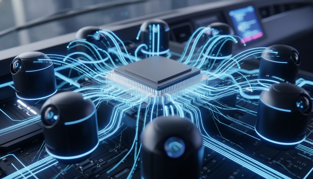 A close-up of a central processing unit and LIDAR sensors of an autonomous commercial truck, with glowing blue light trails representing software processing and safety underwriting