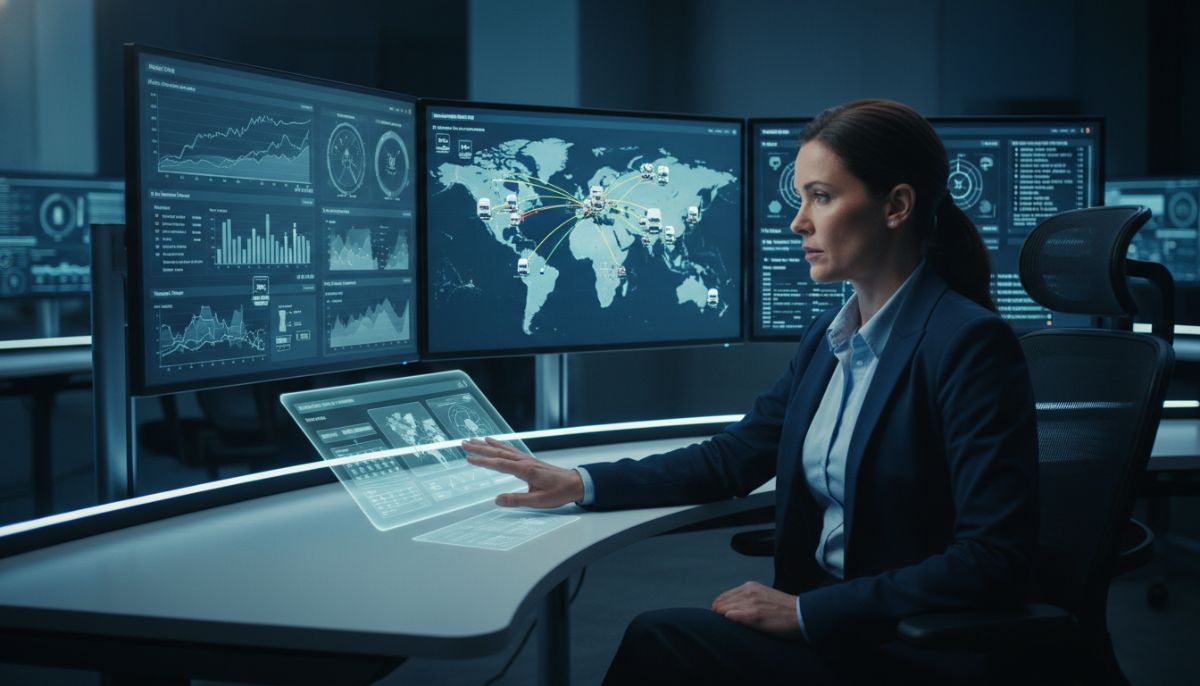 An insurance underwriter analyzing real-time telematics data of self-driving fleets on high-tech multi-monitor screens with interactive risk maps