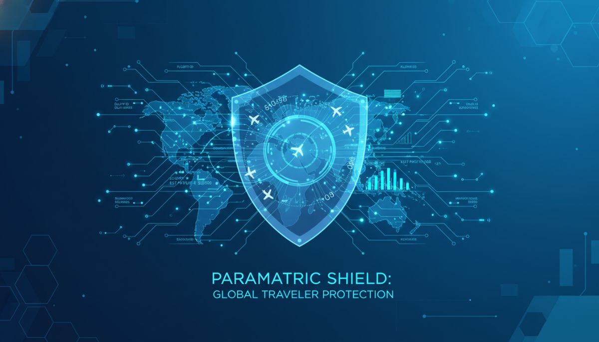 A futuristic conceptual illustration depicting real-time flight tracking data streams merging into a digital shield, symbolizing automated, data-driven parametric insurance protection for global travelers, clean vector style, blue and cyan color palette