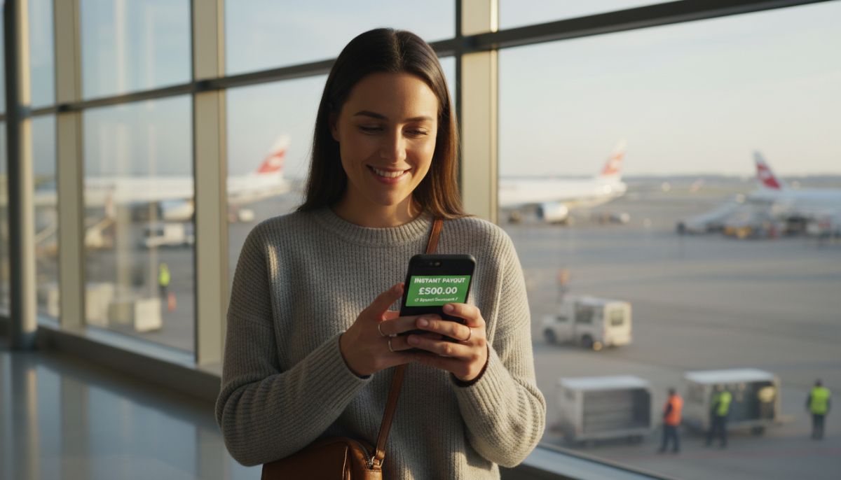 A close-up shot of a traveler sitting in an airport terminal, looking relieved while viewing a mobile phone notification showing an instant cash payout deposit, with blurred airplanes visible through the large glass window in the background, professional corporate photography
