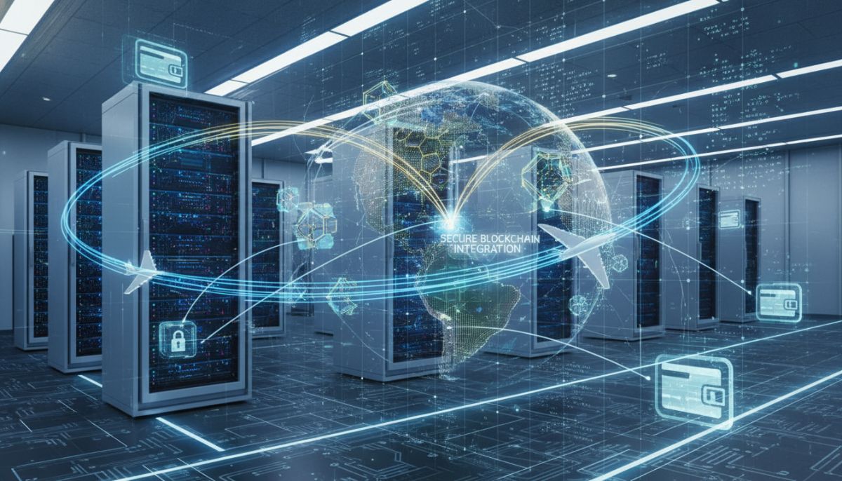 A conceptual illustration depicting high-tech servers, blockchain network nodes, and data streams connecting global flights to digital wallets, highlighting secure blockchain integration, highly detailed, clean modern tech aesthetic