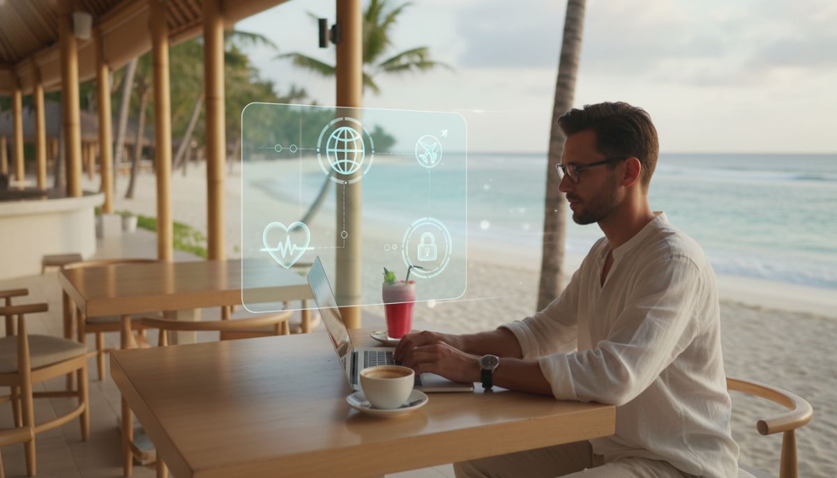 A professional digital nomad working on a premium laptop at a beachside cafe in Bali, with a digital overlay showing glowing icons of health, travel, and laptop security shield, clean and modern corporate aesthetic