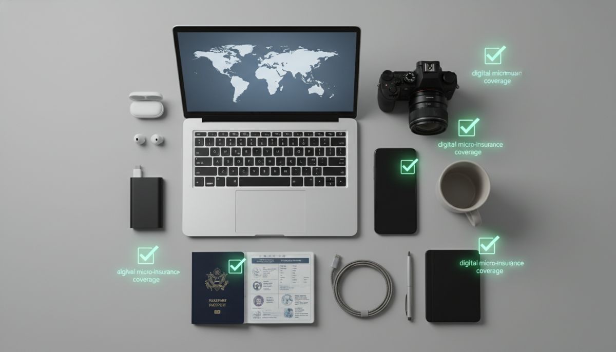 A sleek, modern flat-lay of digital nomad essentials including a premium laptop, mirrorless camera, smartphone, and passport, with subtle green glowing checkmarks indicating active digital micro-insurance coverage