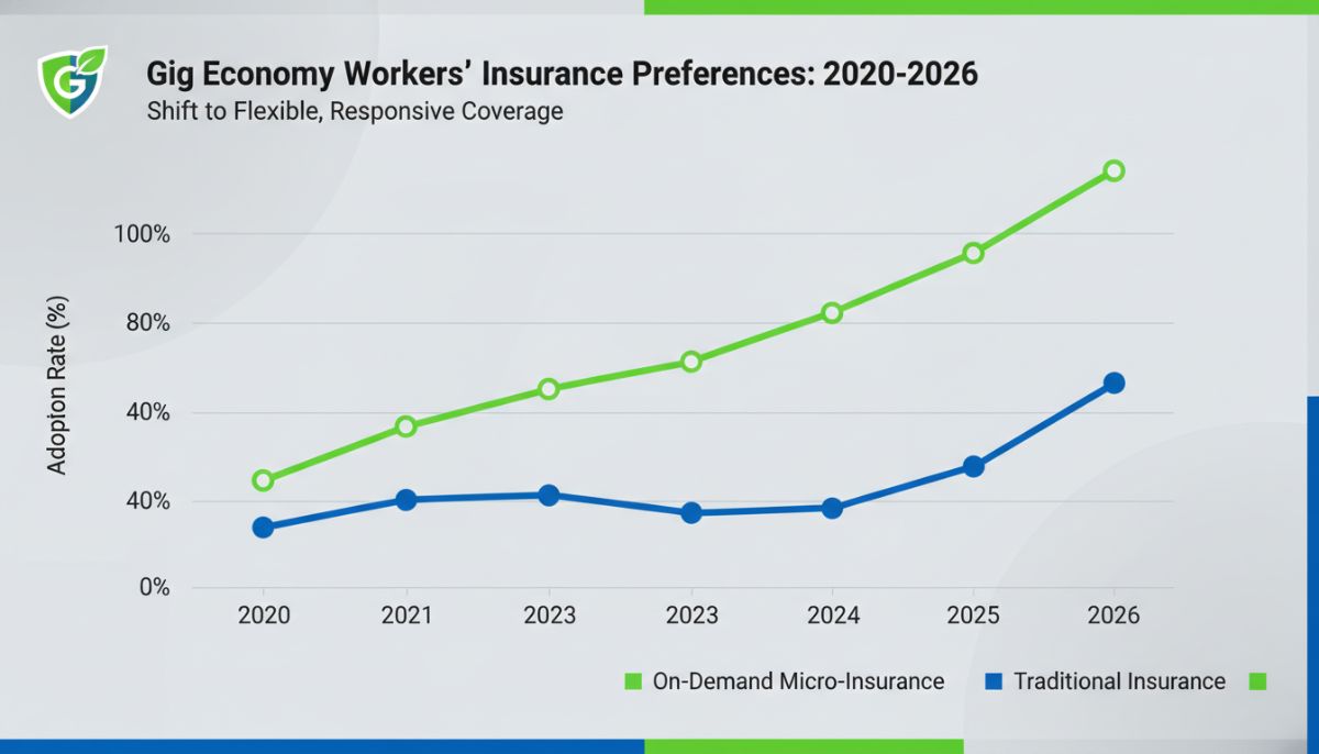 A professional graphic chart illustrating the rising trend of gig economy workers adopting on-demand micro-insurance over traditional insurance from 2020 to 2026, clean corporate design, vibrant green and blue accents