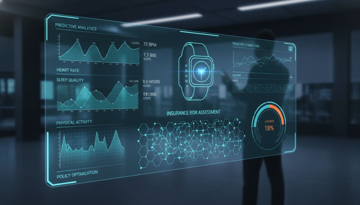 A futuristic digital interface showing a real-time health data stream from a smartwatch, with graphs representing heart rate, sleep quality, and physical activity, blending into an insurance risk assessment visualization, professional and high-tech style.