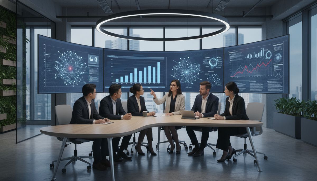 A diverse group of professional underwriters and data scientists analyzing large screens with 3D charts, network nodes, and predictive risk trends in a modern, sleek corporate office.