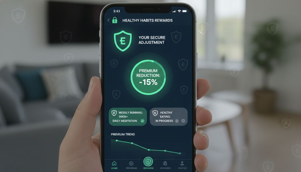 A secure mobile application screen displaying personalized life insurance premium adjustments based on healthy weekly habits, with encrypted shield icons and user-friendly interface.