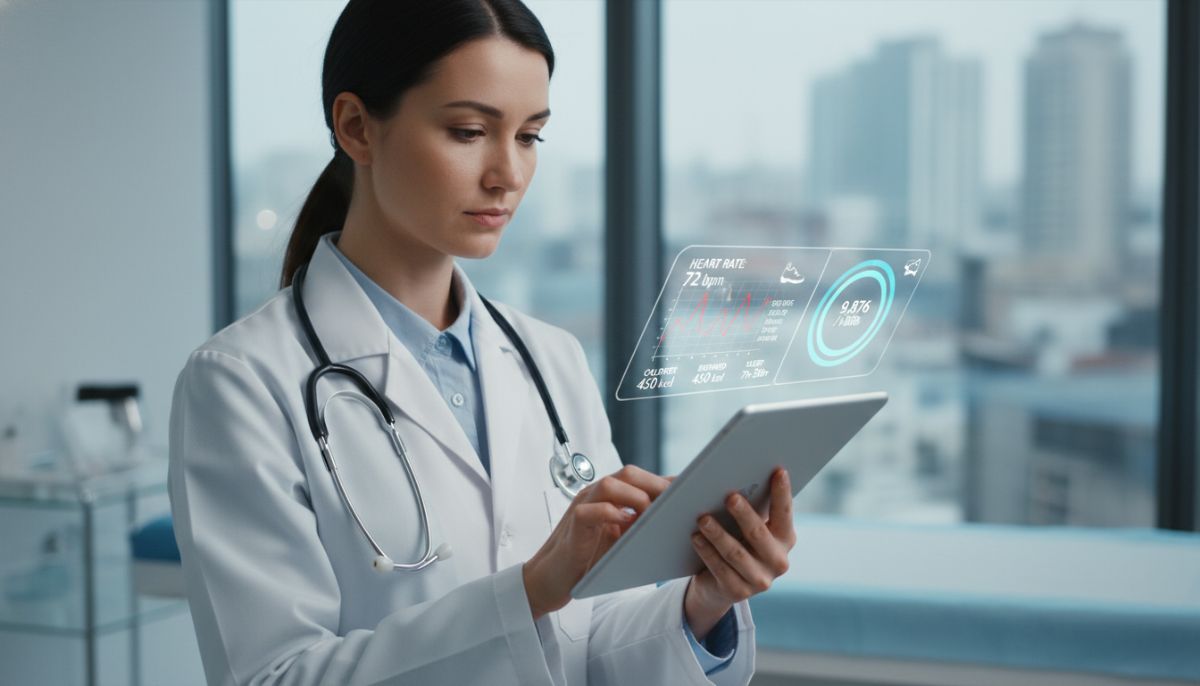 A professional doctor reviewing health metrics on a tablet, with a digital overlay showing biometric data like heart rate and step count, modern clinic setting, highly detailed