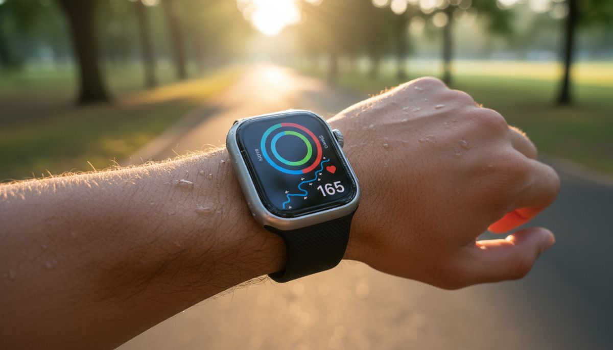 A close-up of a high-tech smartwatch on an athlete's wrist showing fitness rings, running path, and heart rate during a morning run, crisp morning light