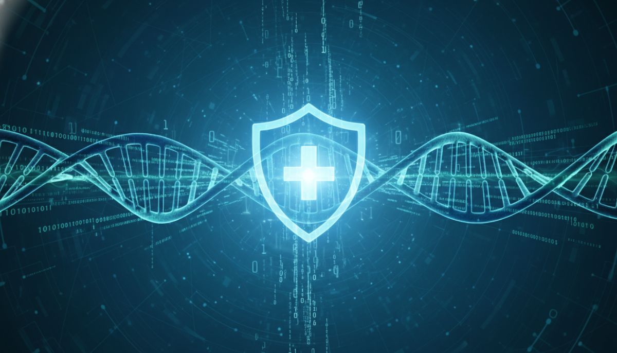 Abstract concept of secure digital health data, showing a glowing shield icon superimposed over complex medical DNA strands and binary code, deep blue and teal tones