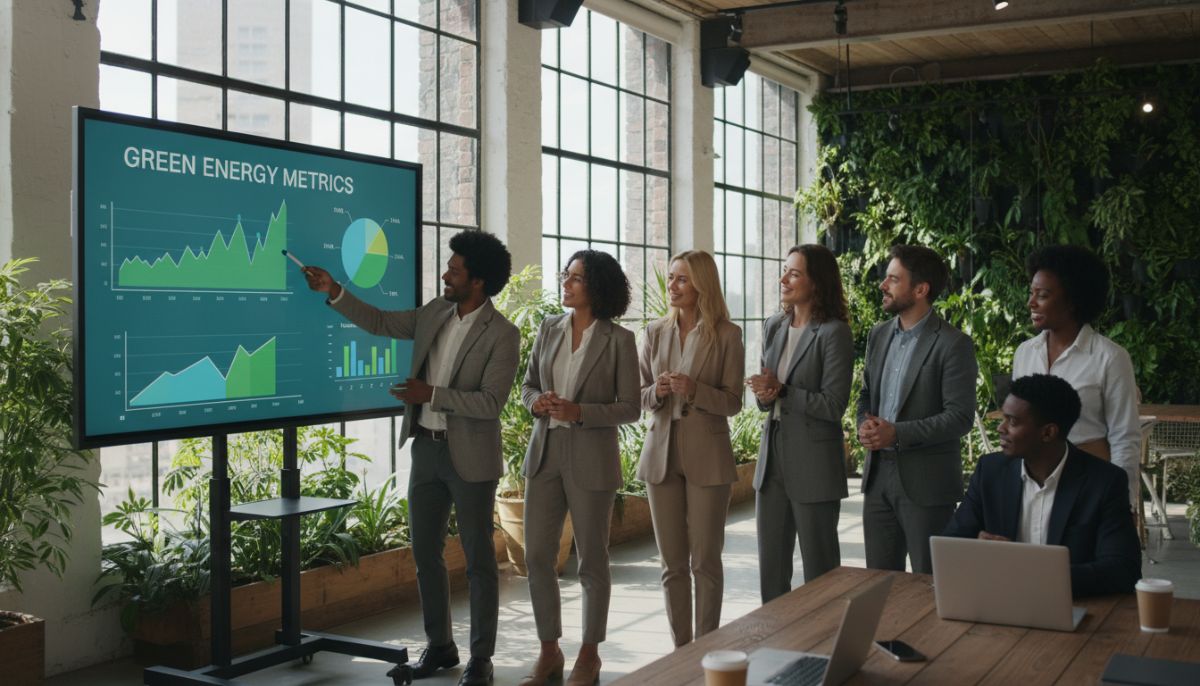A modern, diverse startup team collaborating in a bright, eco-friendly office space filled with indoor plants, analyzing green energy metrics on an interactive digital smartboard, professional and optimistic atmosphere.