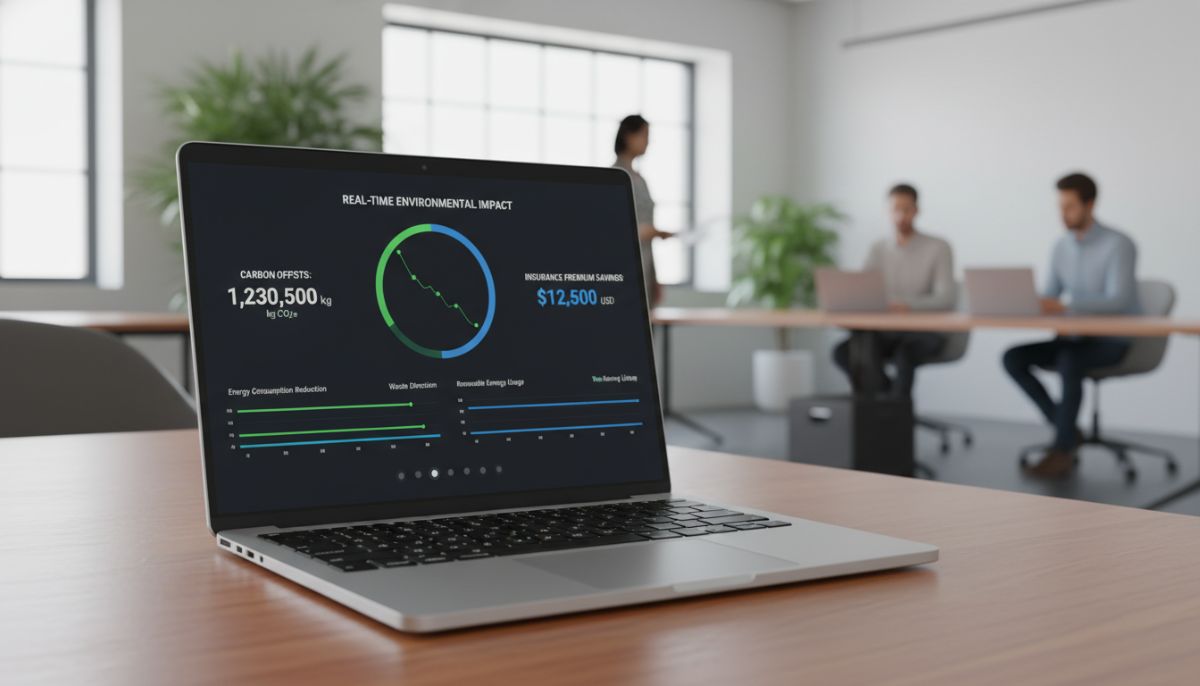 A sleek laptop displaying a clean, professional software dashboard tracking real-time environmental impact metrics, carbon offsets, and insurance premium savings indicators, set against a blurred modern office background.