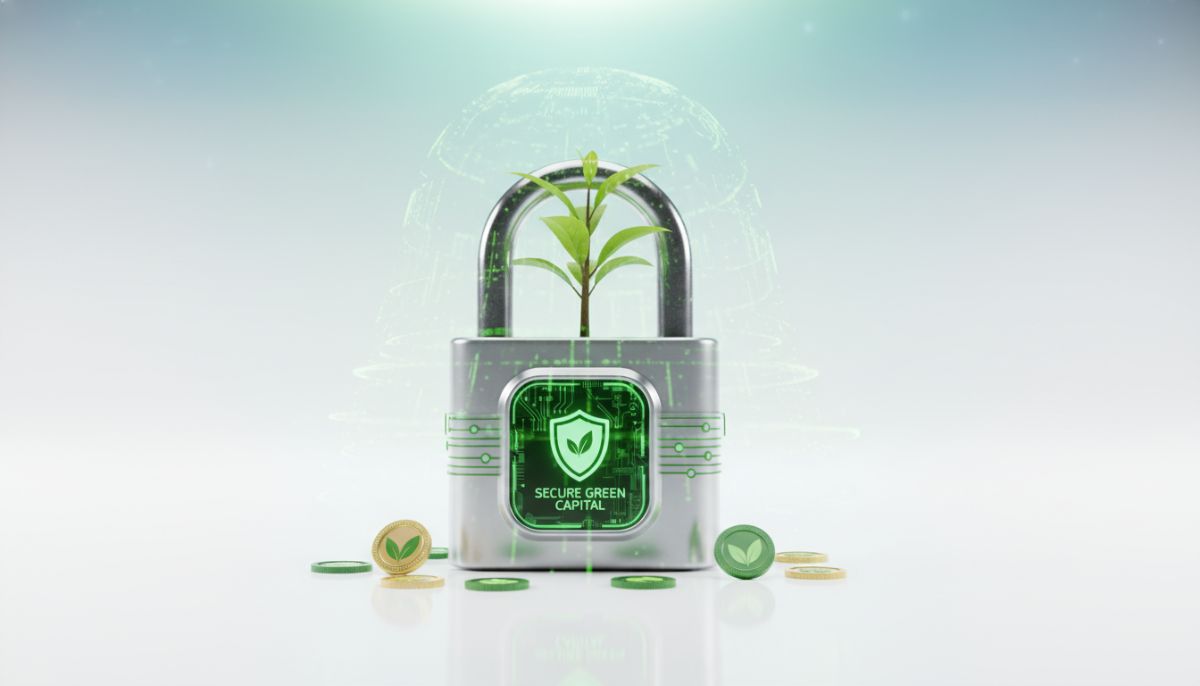 A symbolic conceptual 3D render of a green tree sprout growing out of a secure digital padlock on a clean white surface, representing security, growth, environmental responsibility, and financial protection.