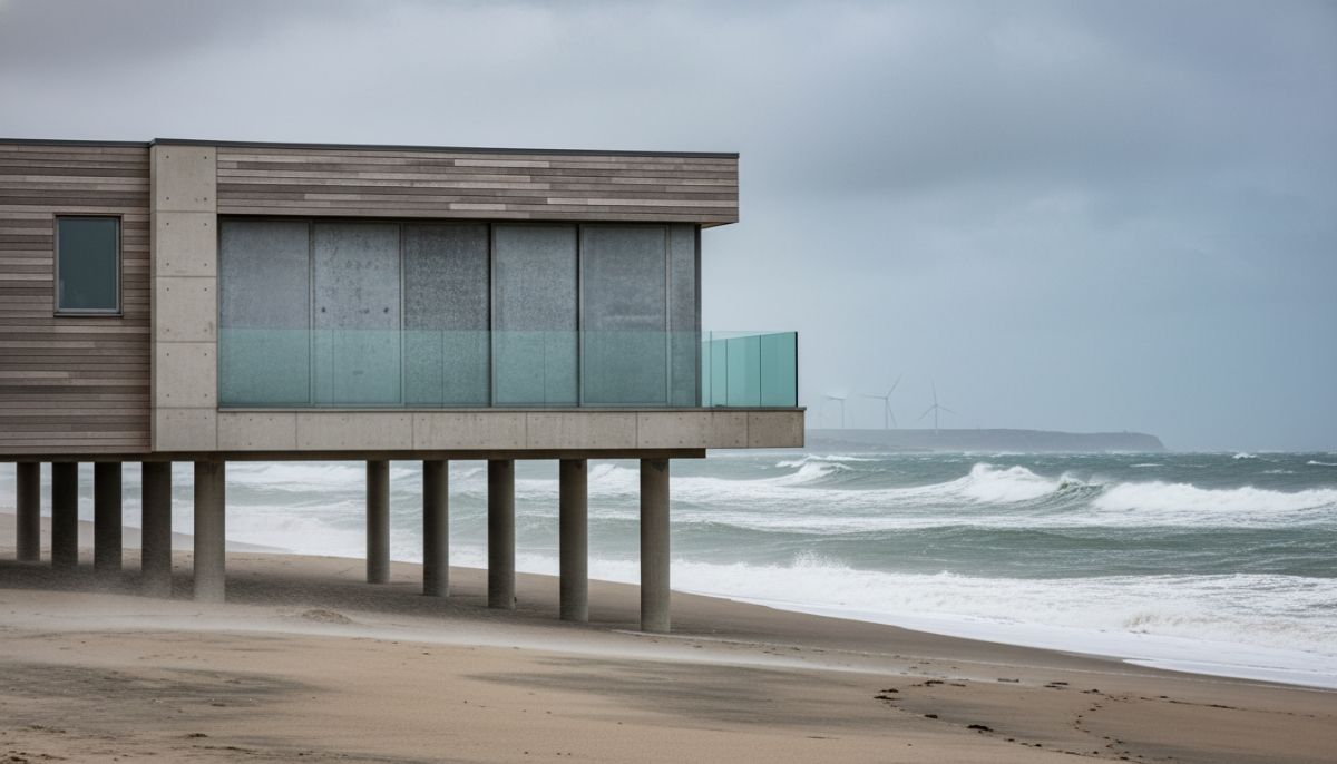 A coastal modern home elevated on sturdy concrete stilts with storm shutters closed during a windy day, with high waves in the distance but the house remains highly secure, professional architectural photography.