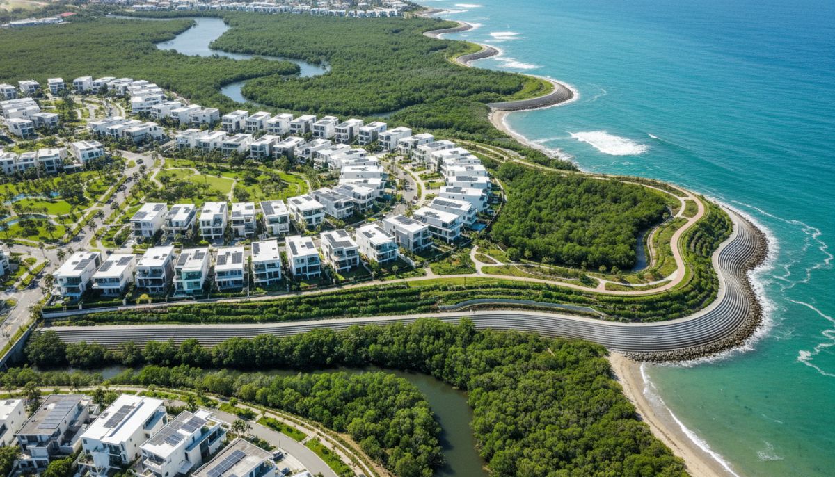 An aerial view of a beautifully planned coastal community with robust green infrastructure, mangrove barriers, and modern sea walls protecting homes from ocean surges, bright daylight.